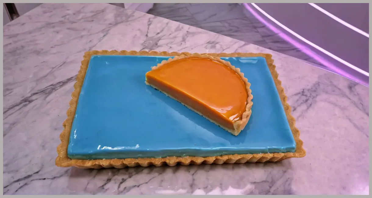 A vegan tart with miso and frangipane under neon-blue light, dutch angle shot on marble. Vegan tart with miso, frangipane and onions