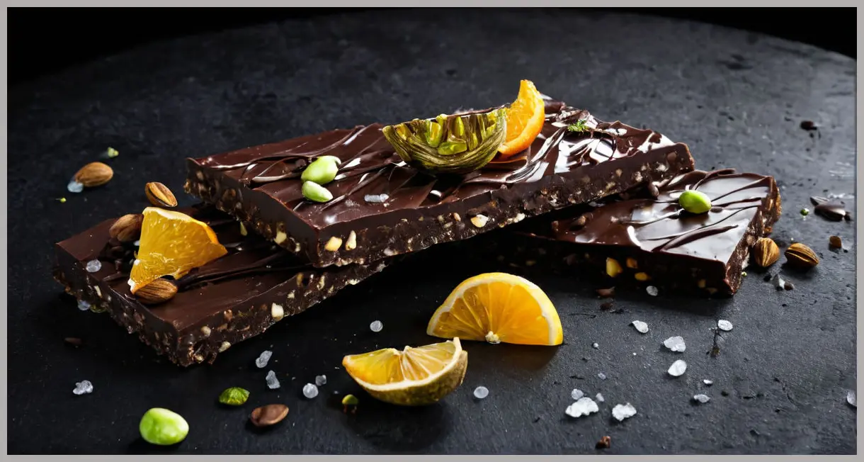 Dark chocolate bark with sea salt, rosemary, pistachios and candied citrus in moody low-key lighting with deep shadows.