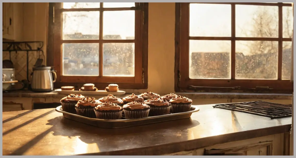 A tray of cooling chocolate cupcakes on a vintage kitchen counter, backlit by golden hour glow and dusted with cocoa powder. Chocolate cupcakes