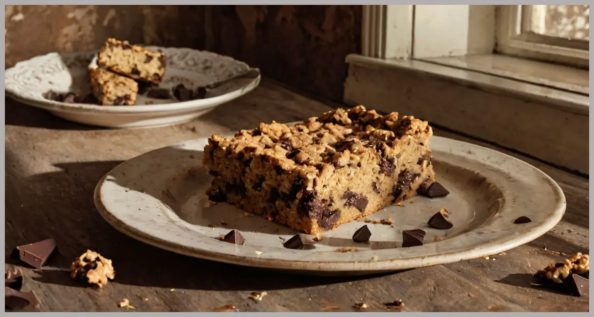 Dutch angle of a half-eaten vegan chocolate chip oat bar, moody side lighting, vintage plate, warm sepia tones.