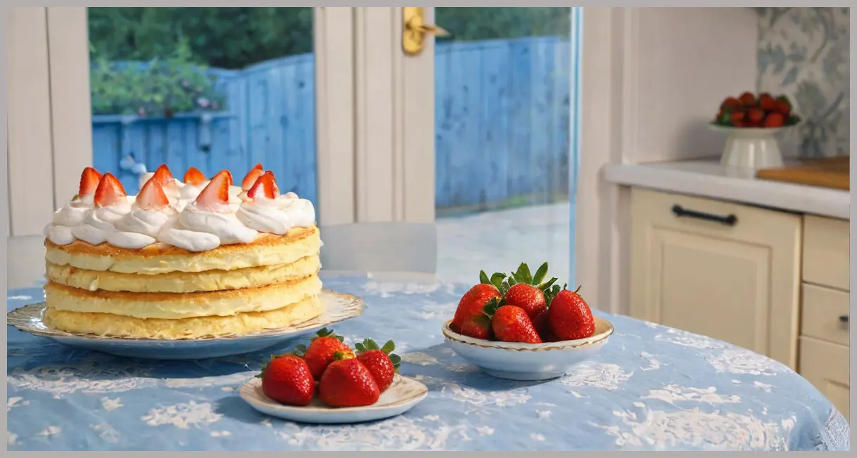 Wide-angle shot of a lemon and strawberry meringue cake on lace under blue hour window light, with warm lemon layers, dewy berries, and a vintage kitchen softly blurred in the background.