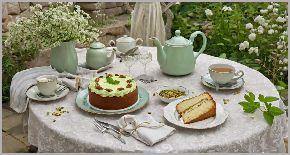 Chetna Makan’s pistachio, cardamom and white chocolate cake as the centerpiece of an outdoor tea setting with floral china and mint sprigs.