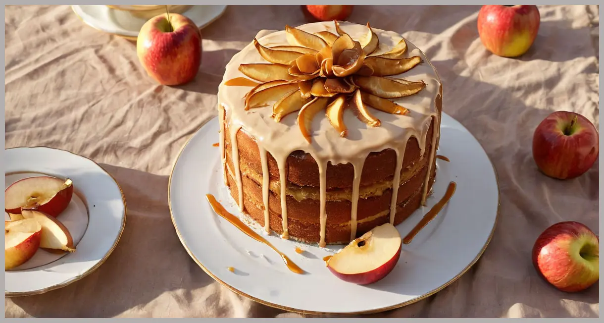 Apple caramel layer cake in overhead flat lay, golden hour light, salted caramel pooling on a vintage plate, caramelized apples arranged like petals, warm autumn tones.