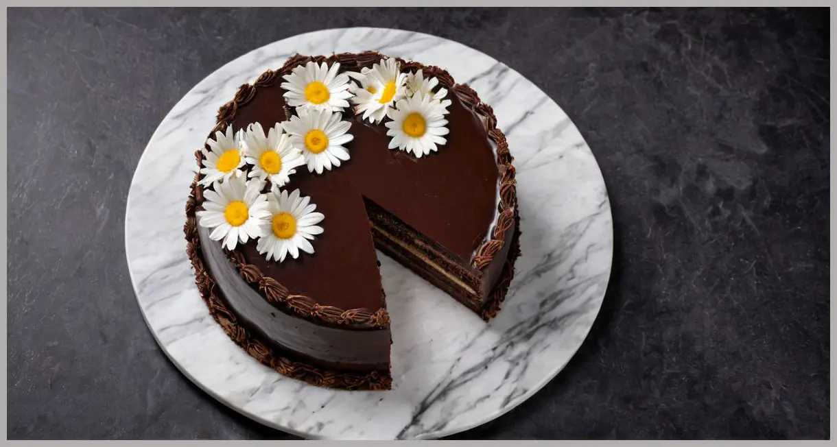 Ultimate chocolate mousse cake displayed overhead on marble, with ganache drips and rice-paper daisies, in moody studio lighting.