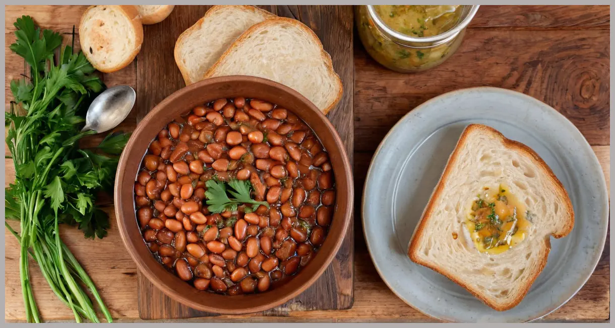 Overhead shot of a wooden serving board with Prebranac (caramelised-onion baked beans), clay dish, crusty bread, parsley sprigs, olive oil drizzle. Minimalist and cozy.