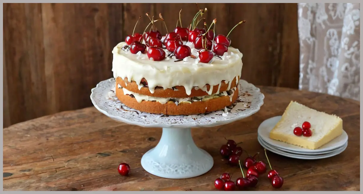 Overhead view of a White Forest Gateau on a vintage stand, bathed in golden hour light, with cherries and chocolate shavings. White forest gateau