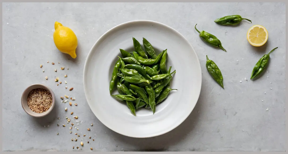 Overhead flat lay of Padron peppers, sea salt, lemon, and olive oil on marble, soft studio lighting. Padron peppers