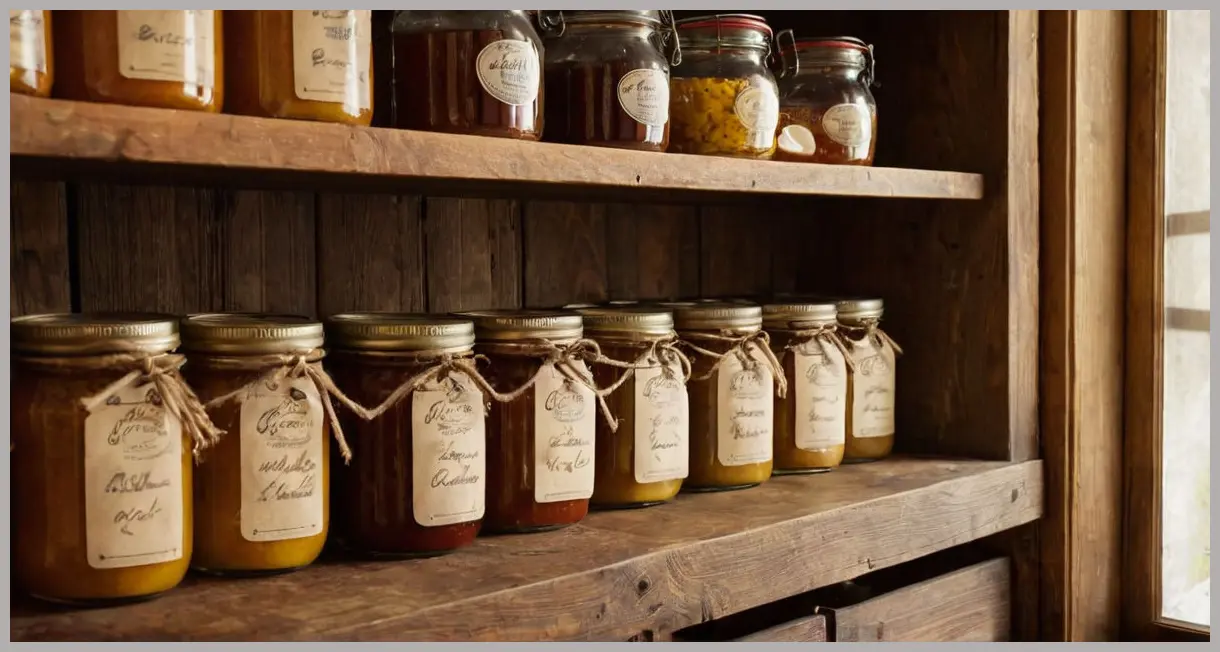 Runner bean and apple chutney in sealed jars on vintage wooden shelves, moody side lighting, handwritten labels, warm amber tones.