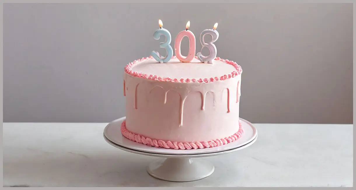 Side view of a pastel pink three-layer birthday cake with ultra-smooth buttercream icing and piped borders. Simple buttercream icing