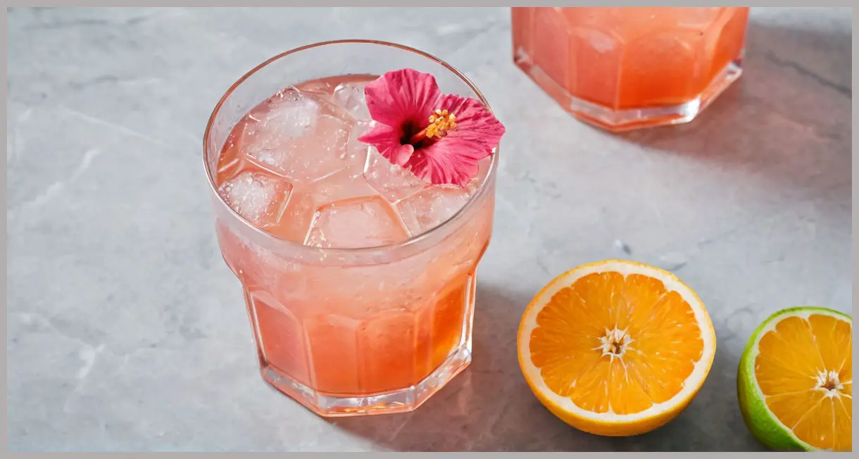 Overhead flat lay of a hibiscus and kombucha mocktail in a hexagonal glass, with lime slices and grapefruit wedges on marble. Hibiscus and kombucha sparkling mocktail