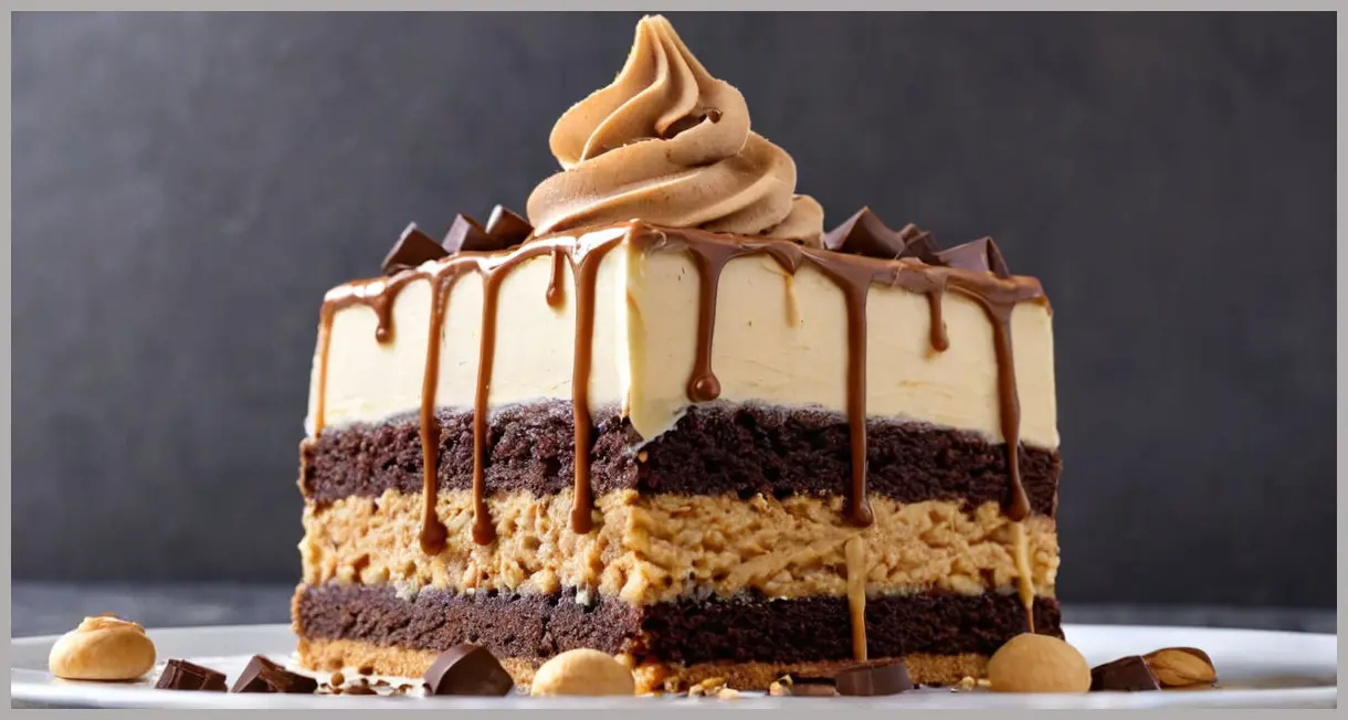 A 45-degree angle shot of a peanut butter drip cake slice, showcasing thick frosting, chocolate layers, and ganache drips with crushed peanut butter cups.