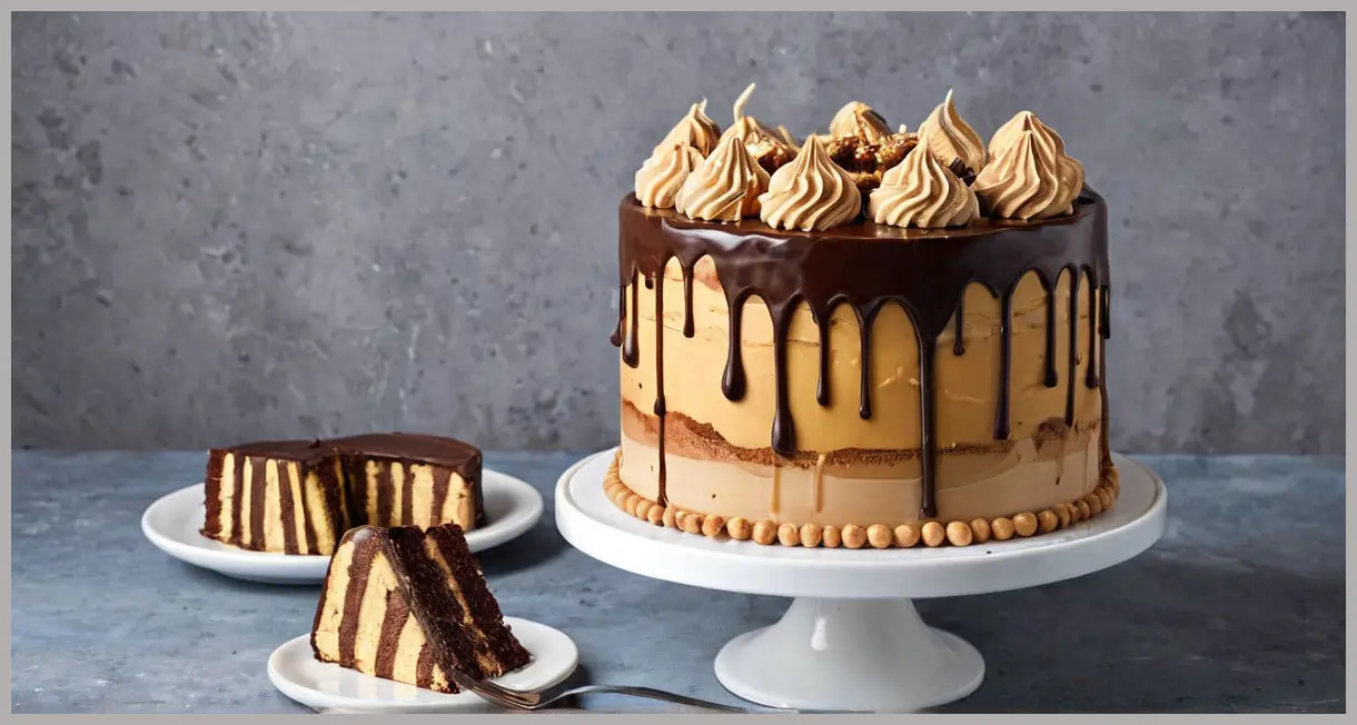 A top-down view of a three-layer peanut butter drip cake with chocolate ganache, peanut buttercream, and colorful candy toppings under soft studio light.