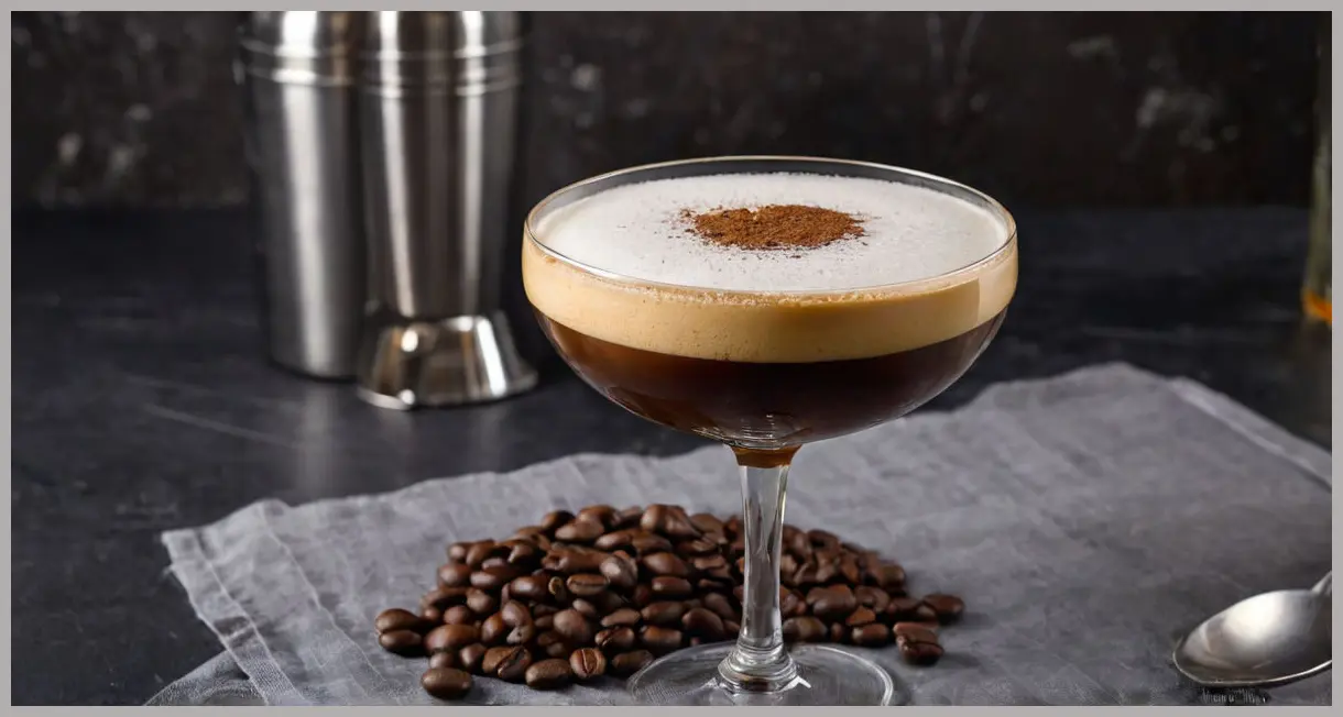A close-up photorealistic image of a Gin espresso martini in a chilled coupe glass, featuring a thick crema and three coffee beans.