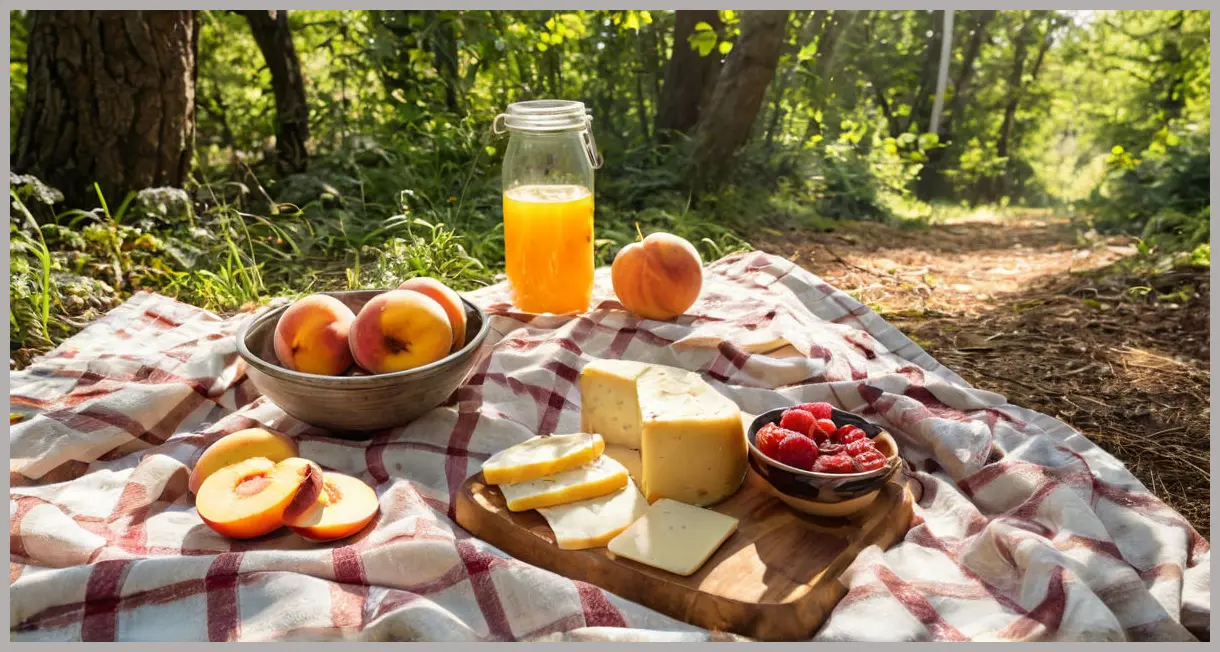 Pickled peaches on a picnic cheese board with bread and prosciutto, illuminated by golden hour light in a serene outdoor setting.