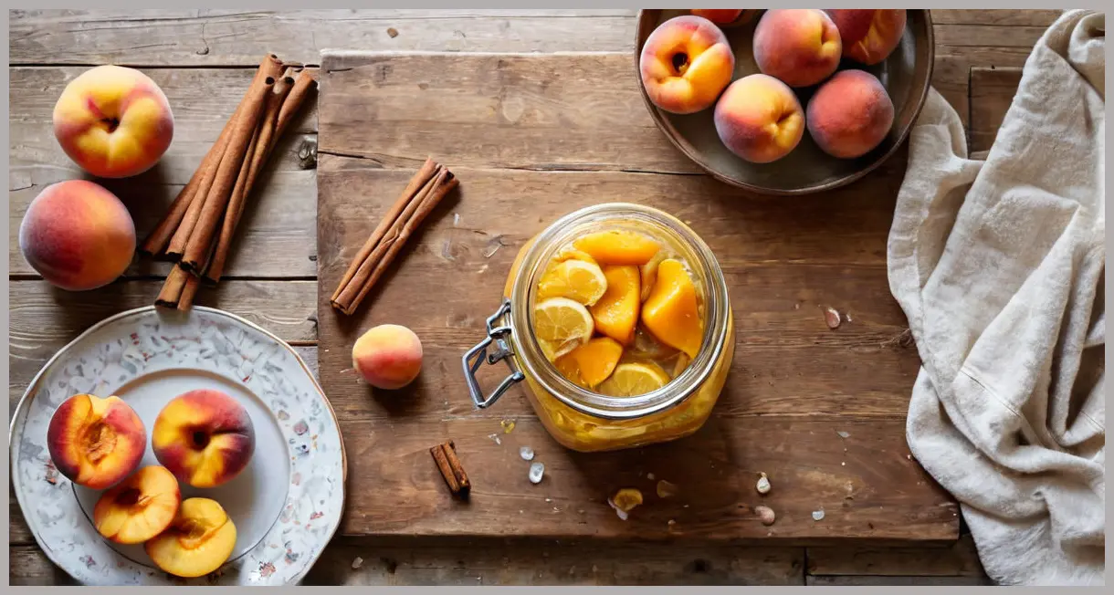 Pickled peaches ingredients arranged on a wooden table, bathed in morning light, with a vintage Kilner jar ready for preparation.