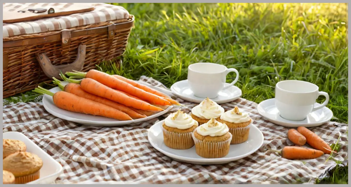 A picnic setup with nut-free carrot cupcakes on a checkered blanket, surrounded by teacups and fresh carrots during golden hour. Nut-free carrot cupcakes