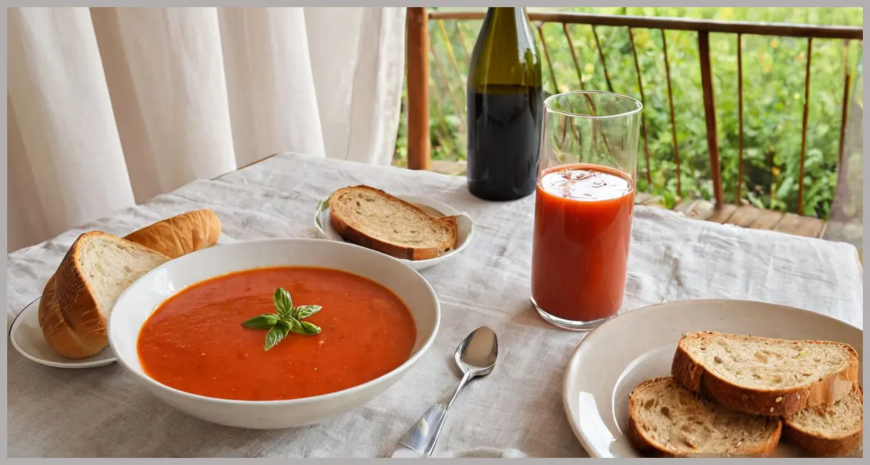Wide-angle picnic scene with José Pizarro’s carajamandanga (chilled tomato soup) in glass cups, crusty bread, rosé wine, and fresh basil in soft morning light.