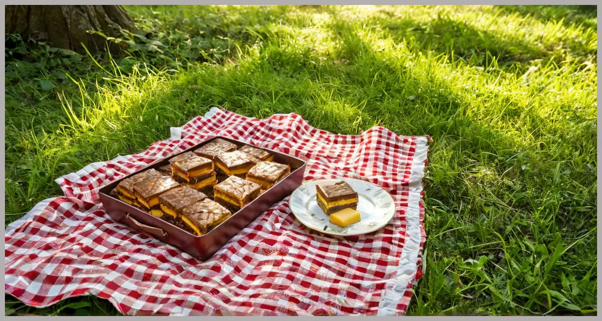 Wide-angle shot of a picnic blanket with a platter of Tunnock’s teacake traybake squares, bathed in golden hour backlighting on lush green grass.