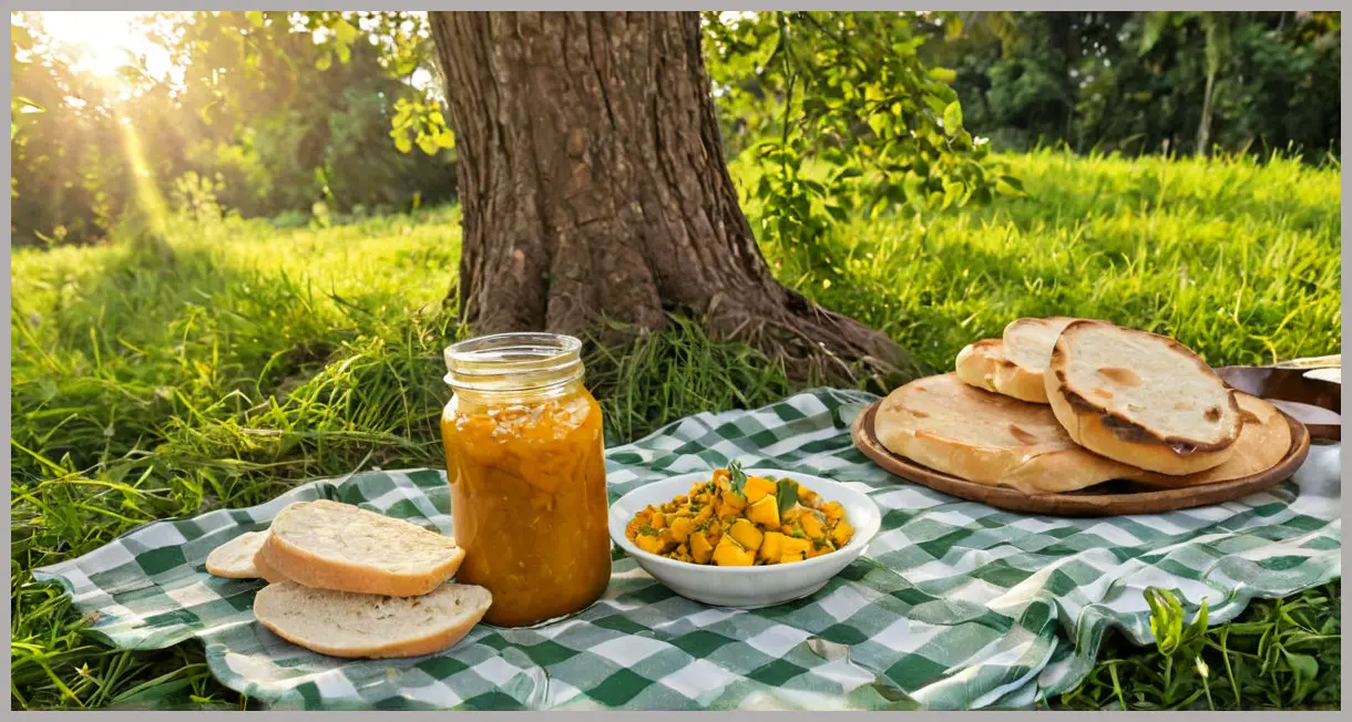 Golden hour picnic scene with an open jar of mango chutney, grilled naan, and mint on a blanket in sunlit grass. Mango chutney (Aam ki meethi chutney)