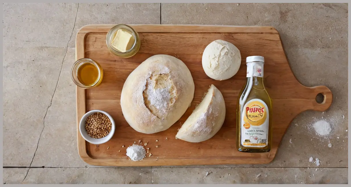 Three pide dough balls on a wooden board, surrounded by honey, olive oil, yeast, and flour, captured in a serene overhead flat lay with diffused skylight. Pide dough