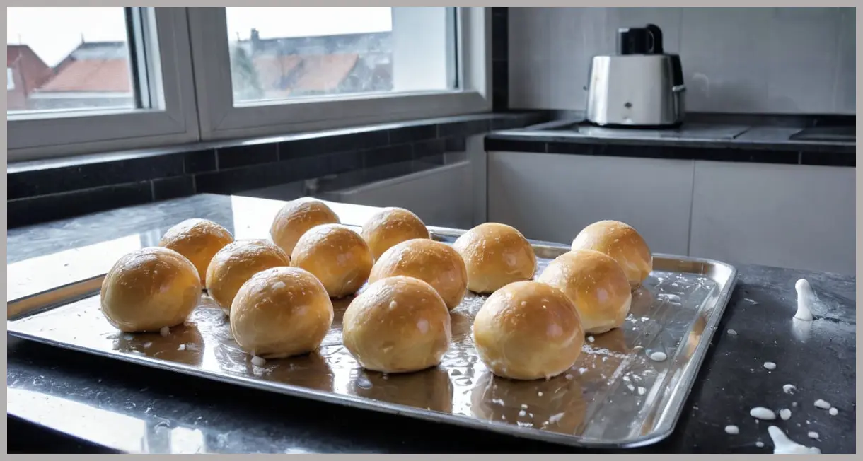 Pide dough balls rise under cling film on a stainless steel tray, captured in a cool blue-lit studio with condensation droplets and sharp metallic reflections. Pide dough