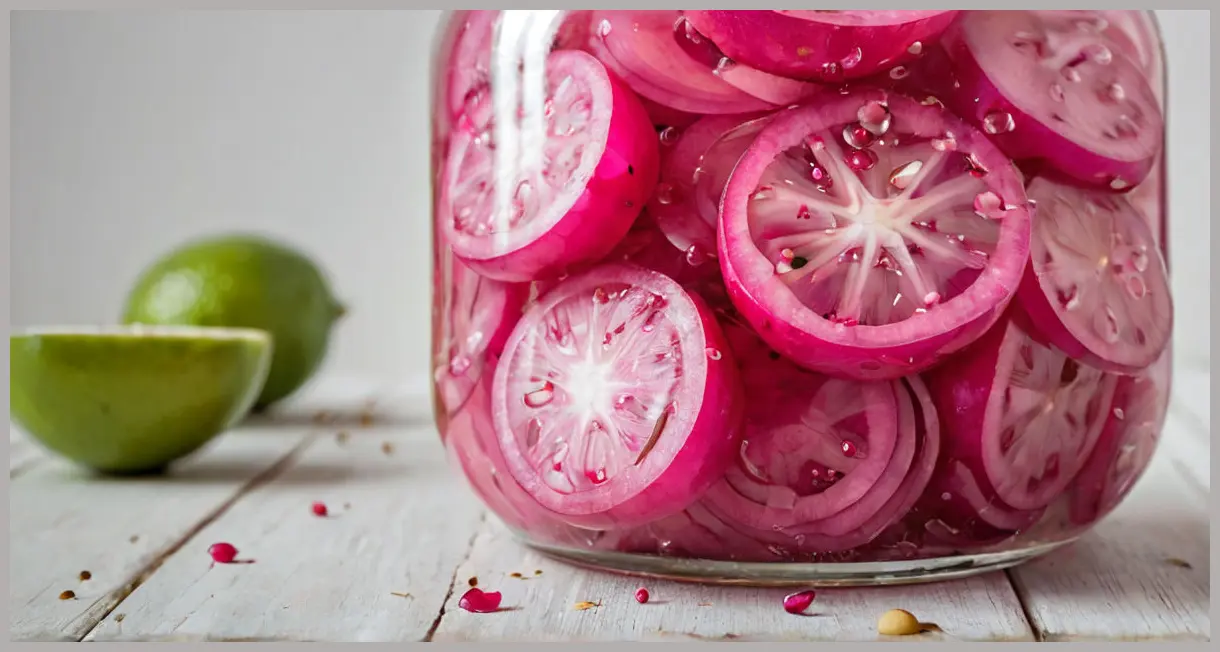Close-up of translucent pink pickled onions in a glass jar, cumin seeds visible, lime juice glistening, shallow focus.