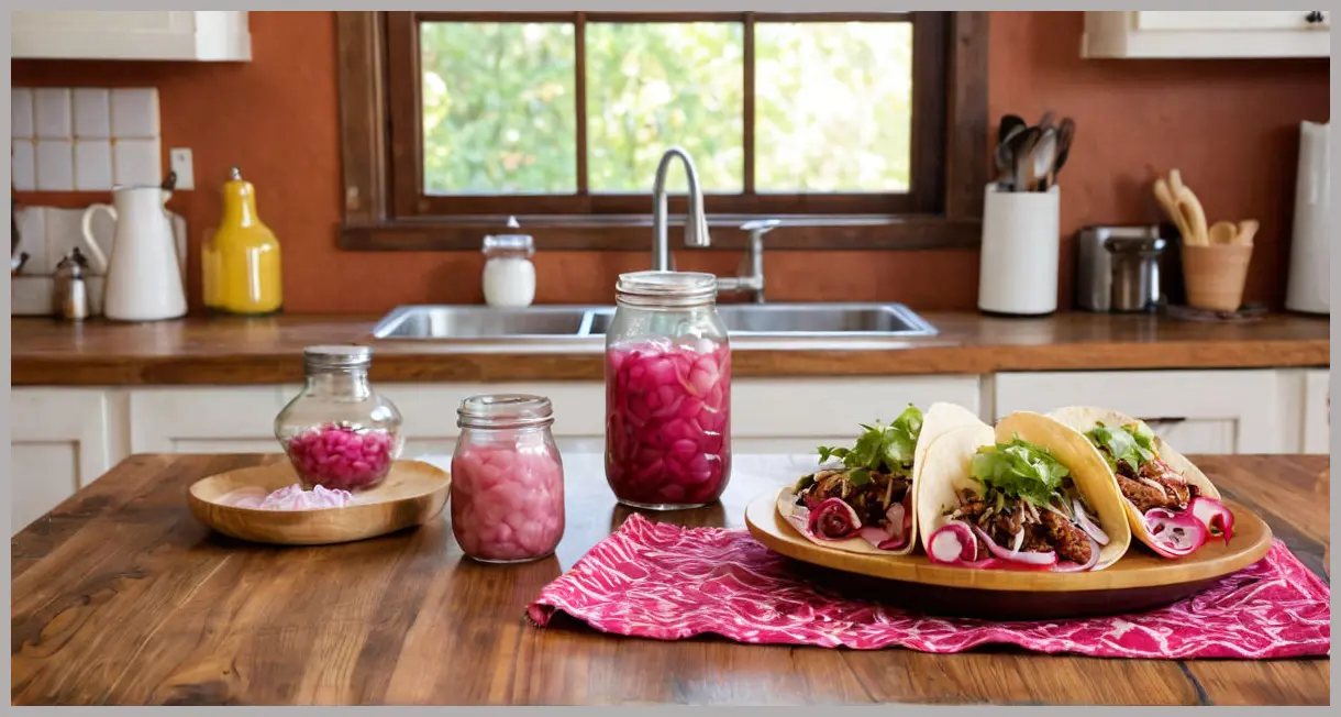 Wide shot of an open jar of pink pickled onions next to a taco platter on a rustic kitchen counter, soft natural light.