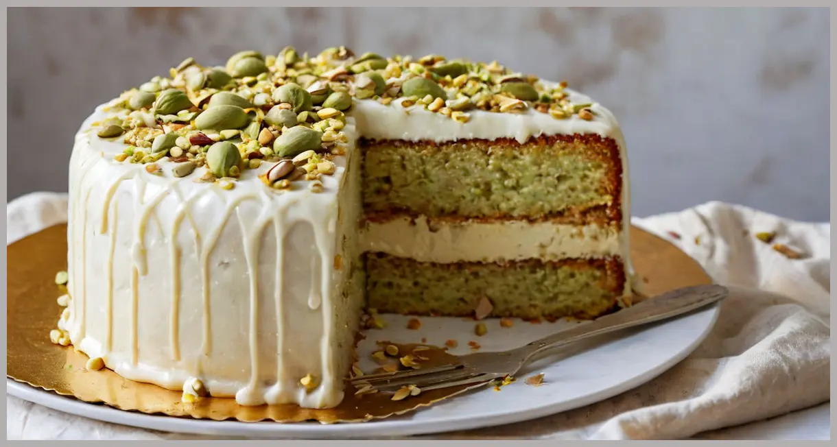 A close-up of Chetna Makan’s pistachio, cardamom and white chocolate cake on marble, golden crust with pistachios and white chocolate drizzle, warm lighting.