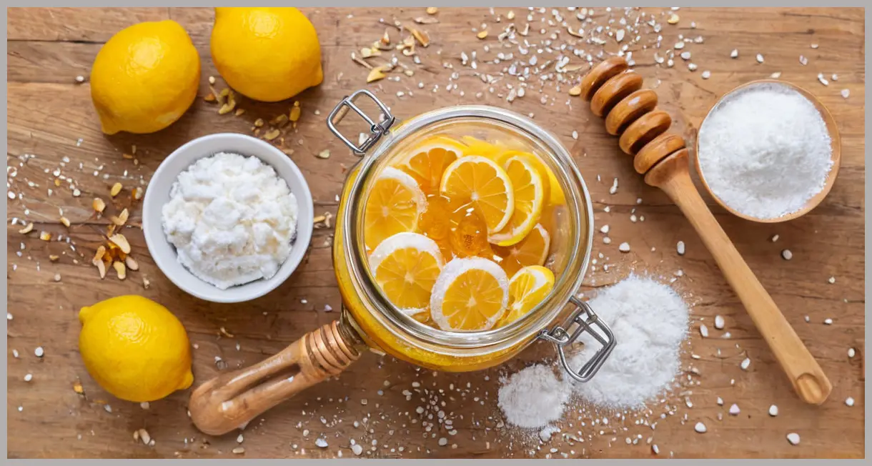 Artfully arranged Pop Cake ingredients: honey, lemons, icing sugar, popping candy, and sugar strands under bright daylight. Pop cakes