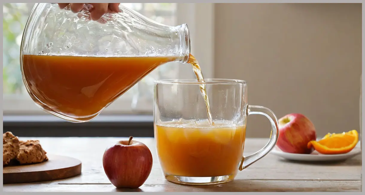 A medium shot of amber mulled chai cider being poured from a rustic ceramic pitcher into a garnished, clear heatproof glass mug on a light kitchen counter.