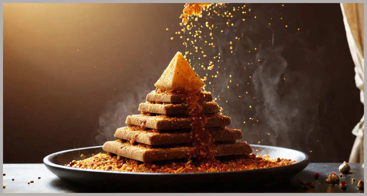 Dynamic shot of hot oil poured into spices for homemade crispy chilli oil, steam rising, golden-red bubbles forming. Homemade crispy chilli oil