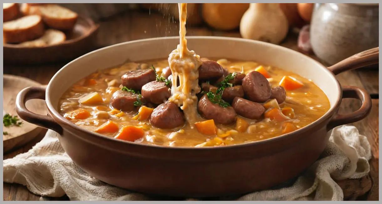 Vegan sausage casserole with gravy being poured from a ladle, golden backlighting, motion blur in the stream, warm and cozy scene.