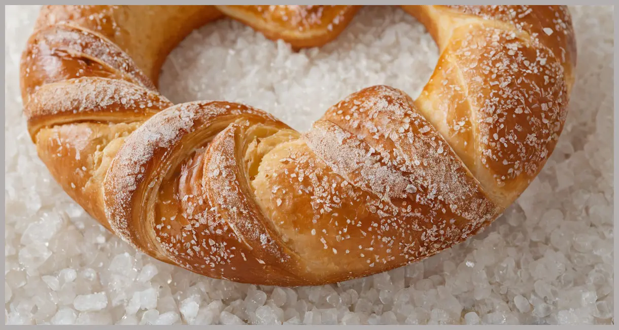 Extreme close-up of coarse sea salt crystals on a traditional pretzel’s golden crust, macro lens, soft diffused light, intricate texture.
