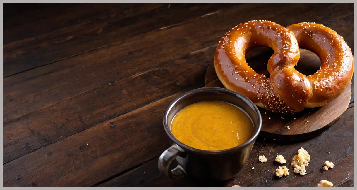 Dutch angle shot of a traditional pretzel half-dipped in dark beer mustard, golden crust, glossy sauce, coarse salt, moody side lighting.