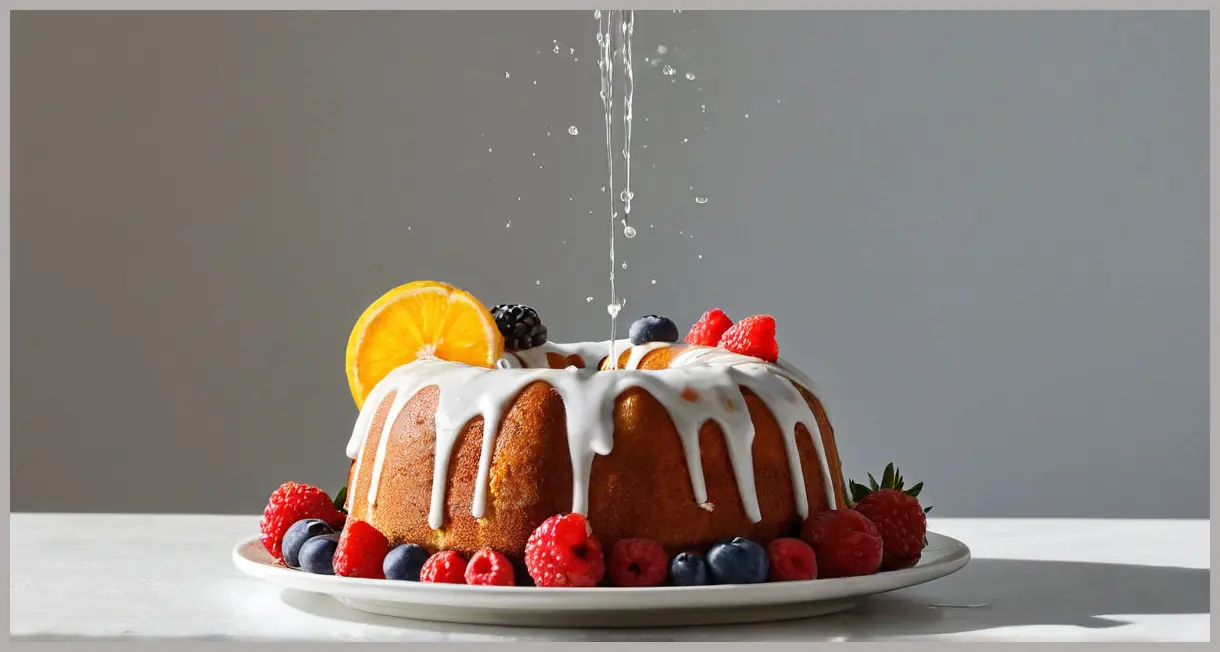 Dynamic shot of a bundt cake with gin prism reflections, berries, and edible flowers. Summer-cup bundt drizzle cake
