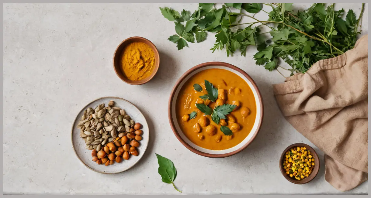 Overhead flat lay of pumpkin curry with ingredients: pumpkin, tamarind, jaggery, and spices. Pumpkin curry