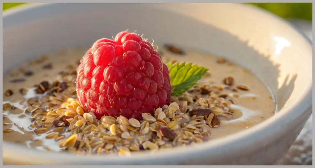 An extreme close-up of overnight oats with a raspberry half-submerged, backlit by golden sunlight, highlighting creamy textures. Easy overnight oats.
