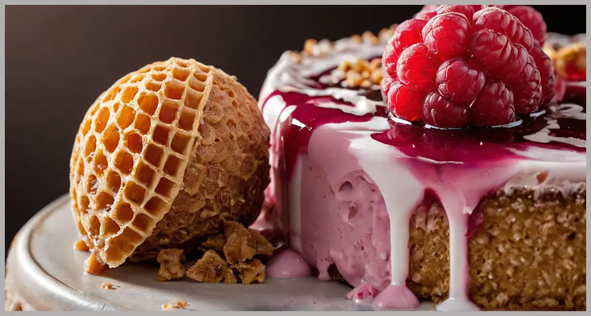 Toffee ice-cream cake extreme close-up, raspberry half-buried, honeycomb shadows, dulce de leche oozing, cinematic side lighting, jewel-toned detail.