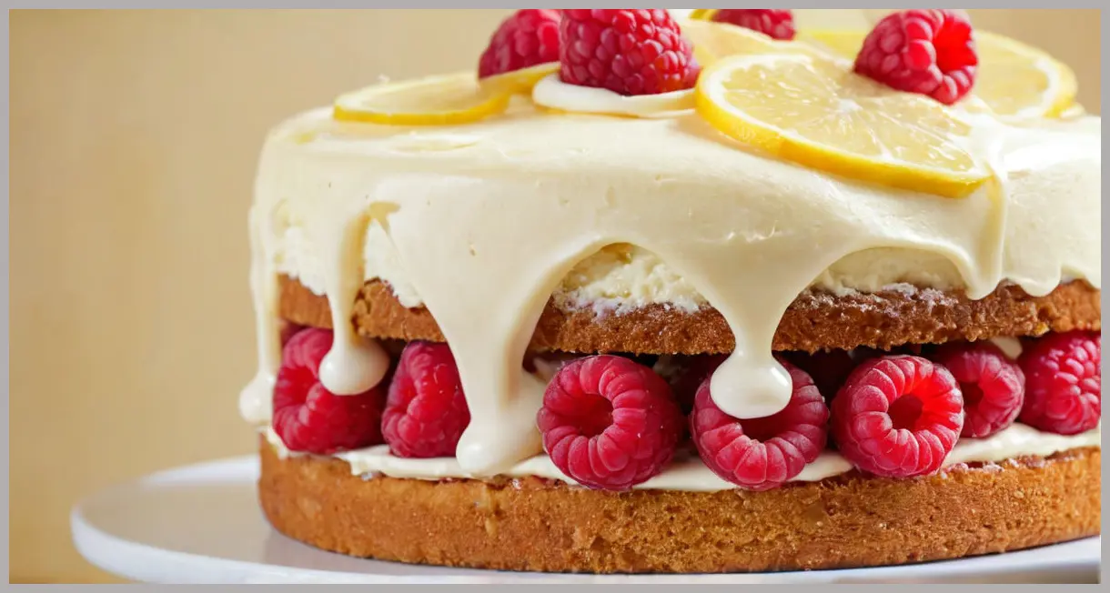 Macro shot of a freeze-dried raspberry on lemon buttercream, part of a vegan Victoria sponge cake.