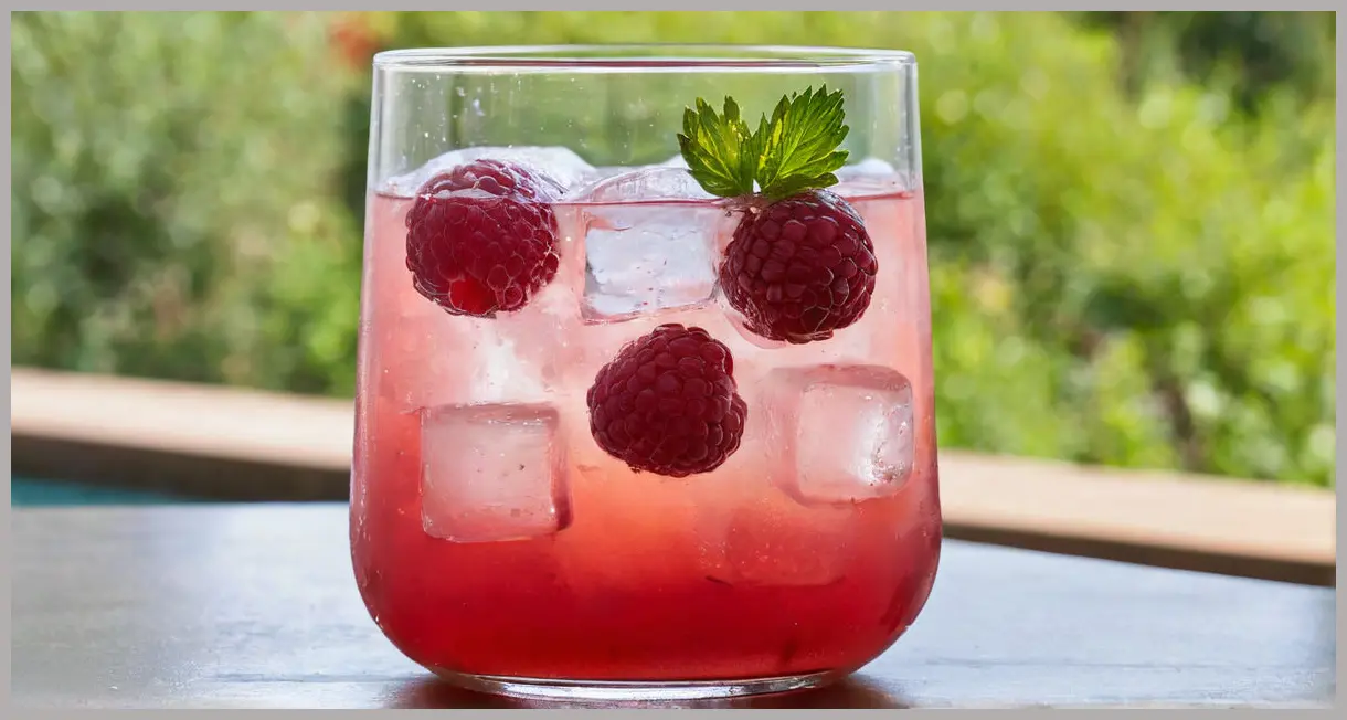An extreme close-up, photorealistic image of The delicious. gin party punch in a heavy tumbler, showing condensation, ice, lime twist, and raspberries under bright afternoon light.