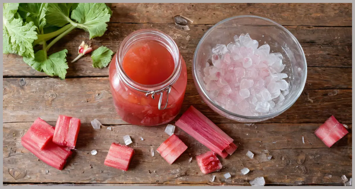 Overhead flat lay of Easy rhubarb cordial ingredients: frozen rhubarb with ice crystals, fresh stalks, sugar, and infused syrup in a jar on wood.