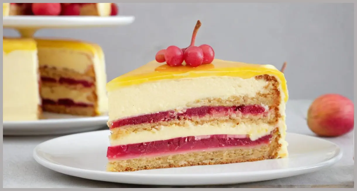 A close-up of rhubarb and custard layer cake slice on porcelain, with caramelized rhubarb, custard filling, and white chocolate shards. Rhubarb and custard layer cake