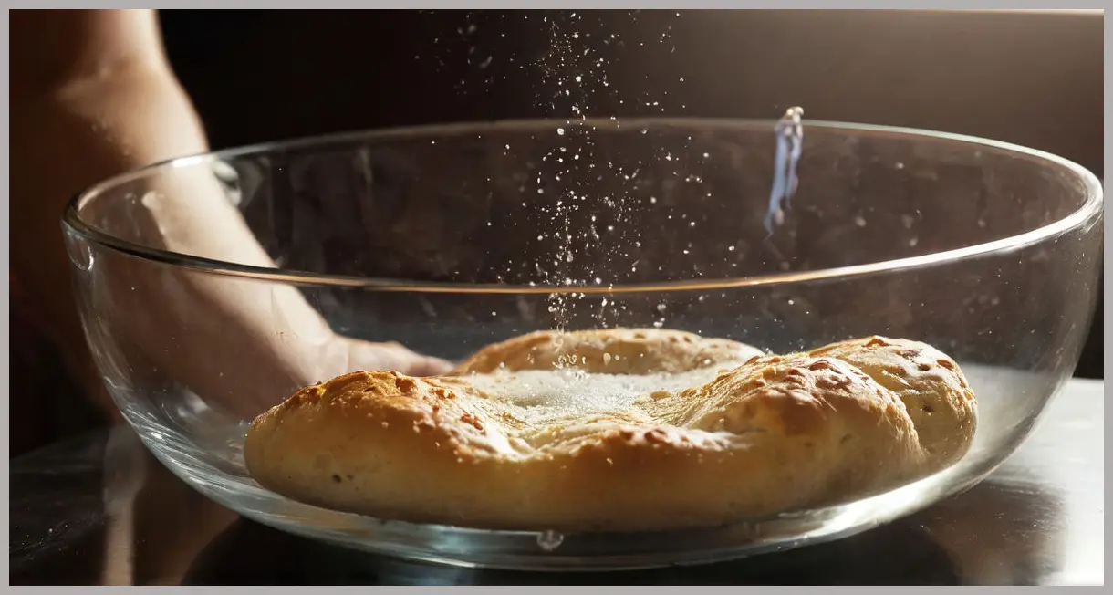 A close-up of an air bubble bursting on rising pide dough in a glass bowl, lit dramatically with warm golden side lighting, creating a moody, cinematic effect. Pide dough