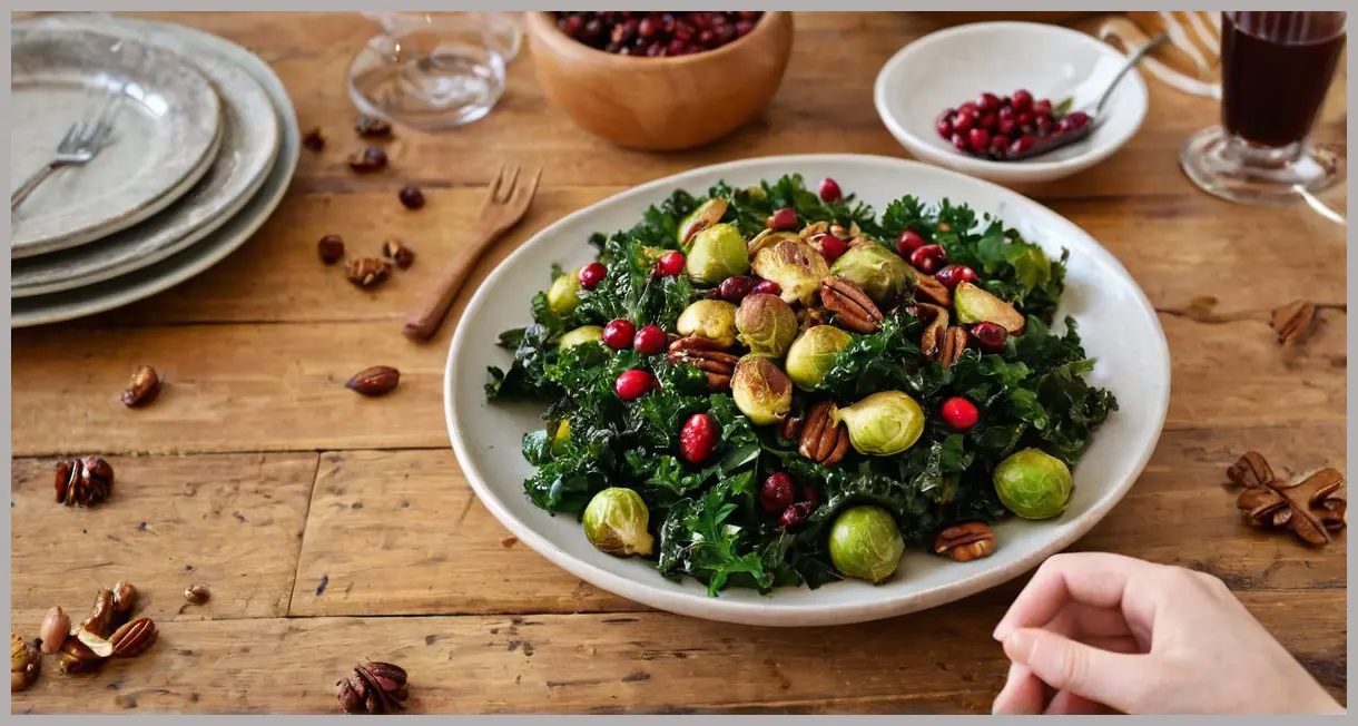 Overhead view of roasted Brussels sprouts, cranberries and kale on a wooden table, glistening with glaze. Roast sprouts, cranberries and kale