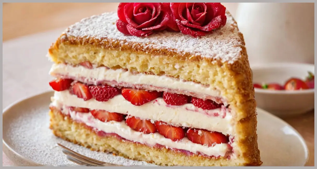 Close-up of a freshly sliced Strawberry and Rose Victoria Sponge Sandwich with rose cream, strawberries, and edible petals. Strawberry and rose victoria sponge sandwich