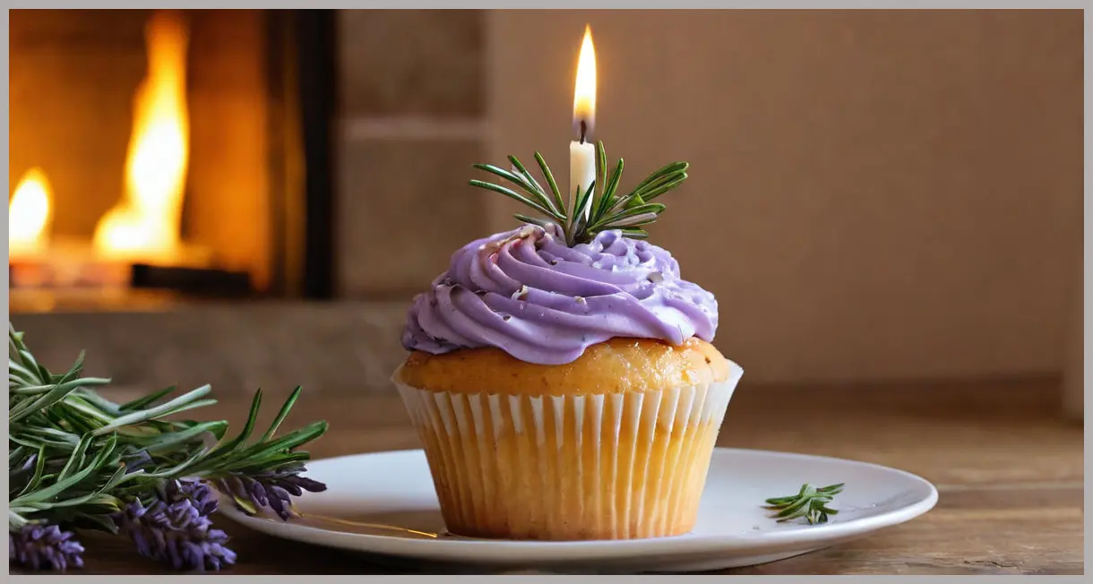 Extreme close-up of a rosemary-lavender cupcake with caramel drizzle, glowing under warm candlelight for a cozy feel.