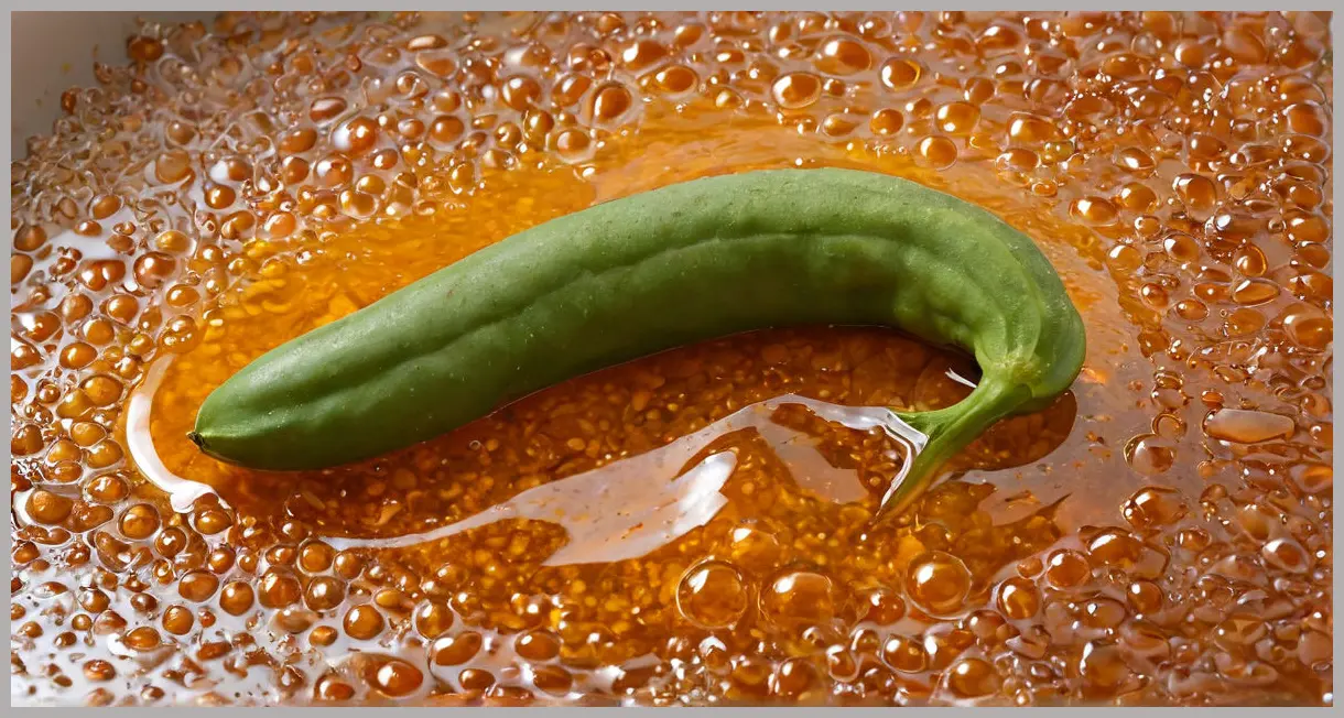 Runner bean and apple chutney close-up: a single runner bean submerged in simmering syrup, bubbles forming, dramatic backlighting.