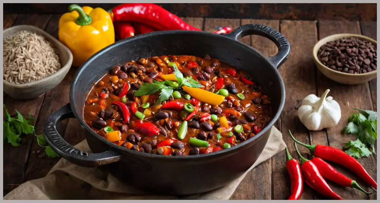 Wide-angle shot of smoky vegan chilli in a cast-iron pot, surrounded by scattered spices and ingredients. Neon glow, warm atmosphere. Smoky vegan chilli