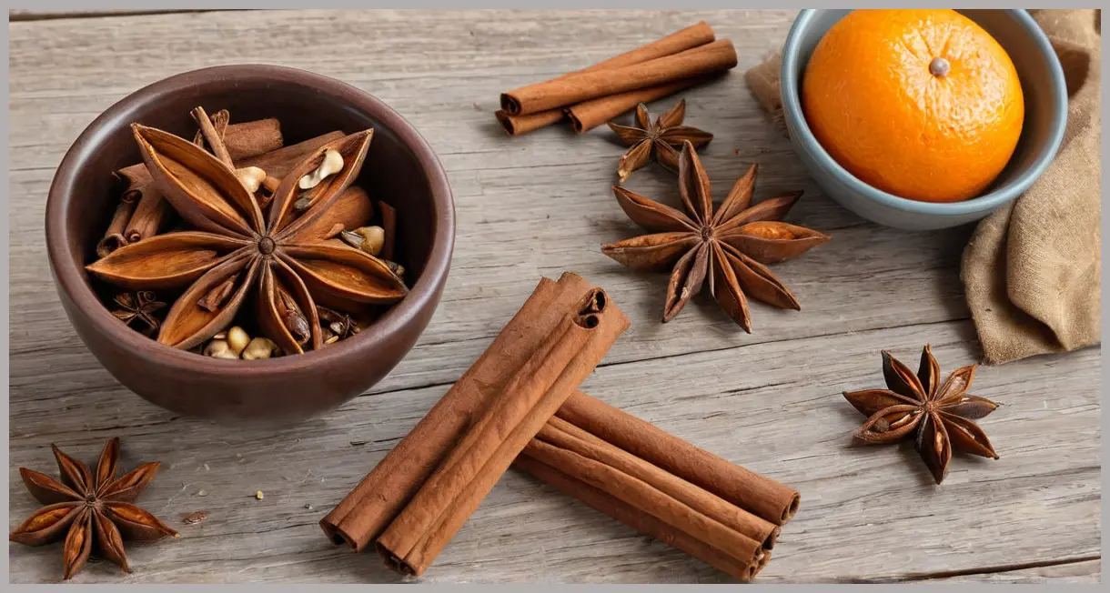 Mulled chai cider ingredients, including whole star anise, cinnamon sticks, cardamom pods, dried orange slices, apples, and chai teabags, arranged on a rustic wooden table.