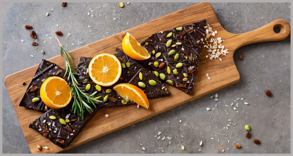 Dark chocolate bark with sea salt, rosemary, pistachios and candied citrus in an overhead flat lay on rustic wood.